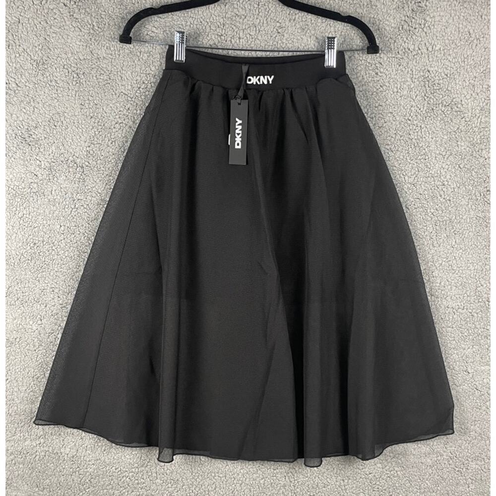 DKNY Women's Medium Black Polyester Viscose Midi w Mesh Overlay & Logo Waistband